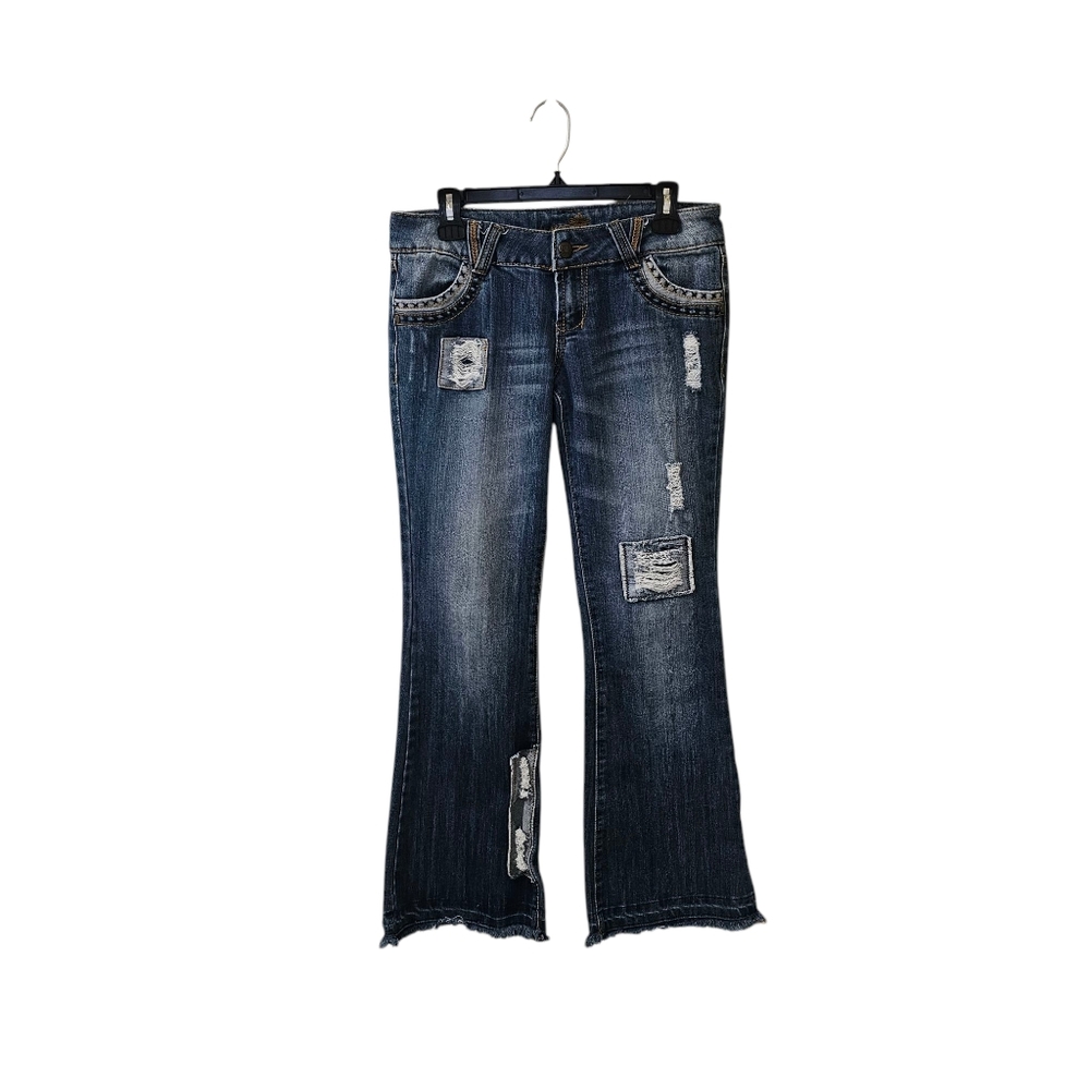 Almost Famous Patchwork Flare Boot Leg Jeans Size… - image 1